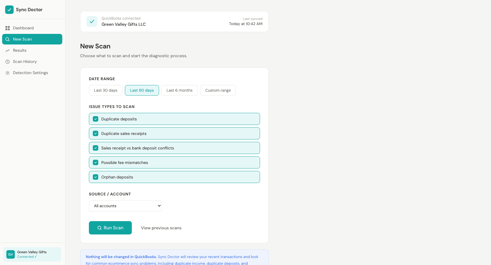 New scan form with date range presets and issue type checkboxes